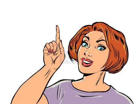 Illustration for Woman points finger gesture, quality recommendation, hand gesture, advertisement announcement. pop art retro vector illustration kitsch vintage 50s 60s style - Royalty Free Image