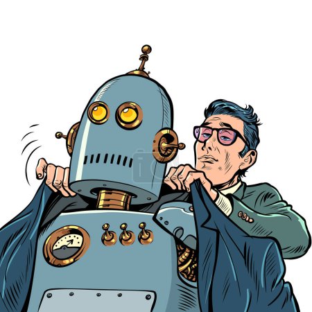 Illustration for Businessman dress up robot boss. Artificial intelligence assistant. Robotization new technologies. Pop art retro vector illustration 50s 60s style kitsch vintage - Royalty Free Image
