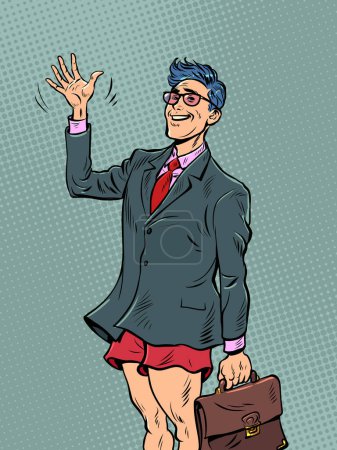 Illustration for Funny pop art businessman in shorts and suit. morning, collection to the office retro vector illustration 50s 60s style kitsch vintage - Royalty Free Image