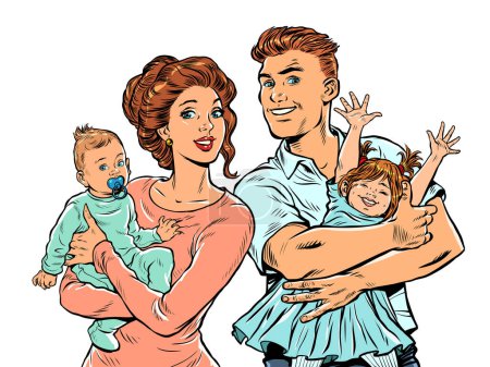 Ilustración de Familia mamá y papá con niños en sus brazos. arte pop ilustración retro estilo años 50 60. Arte pop retro vector ilustración kitsch vintage 50s 60s estilo - Imagen libre de derechos