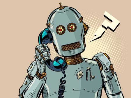 Téléchargez les illustrations : Un robot humanoïde parle sur un vieux téléphone. répondeur d'intelligence artificielle. Générateur de discours AI. Pop art rétro vectoriel illustration kitsch vintage années 50 style 60 - en licence libre de droit