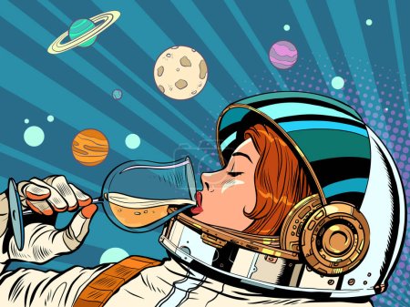 Astronautin trinkt ein Glas Wein. Alkoholische Party, Neujahrsferien. Pop Art Retro Vektor Illustration 50er 60er Jahre Vintage Kitsch Stil