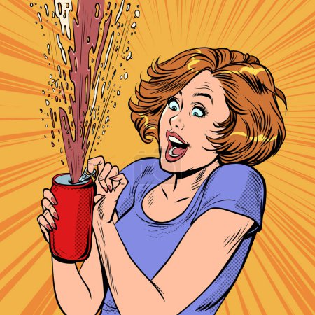 Une femme ouvre une canette de cola, le soda mousse la boisson sucrée. Pop art rétro vectoriel illustration années 50 style kitsch vintage