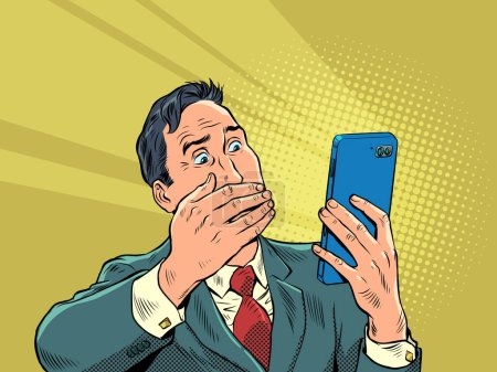 Illustration for Businessman with a smartphone. Man in panic, frightened surprise, bad news on the phone, internet communication video chat. Pop art retro vector illustration 50s 60s vintage kitsch style - Royalty Free Image