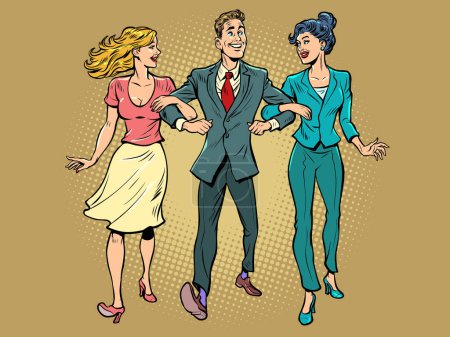 Date. A man with two girls. Unconventional marriage. Friends are walking. Pop Art Retro Vector Illustration 50s 60s Style Kitsch Vintage Drawing