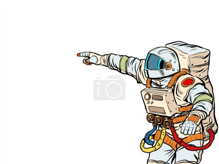 Illustration for Astronaut space science. People point with their hand. Template advertising announcement news sale. Pop art style. Pop Art Retro Vector Illustration 50s 60s Style Kitsch Vintage Drawing - Royalty Free Image
