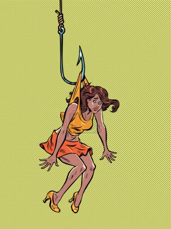 Illustration for Woman Lure trap people on a fishing hook. Dangerous love. Pop art retro vector illustration 50s 60s style kitsch vintage - Royalty Free Image