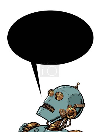 Illustration for The robot asks a question or answers. Artificial intelligence dialogue with computer mechanism. AI Pop art retro vector illustration kitsch vintage 50s 60s style - Royalty Free Image