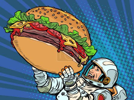 Joyful astronaut man and a huge burger. Street food fast food. Hungry man Happiness positive smile pop art retro comic caricature kitsch vintage 50s 60s style