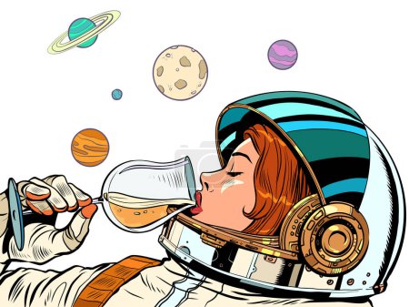 Astronaut woman drinks a glass of wine. Alcoholic party, new year holiday. Pop art retro vector illustration 50s 60s vintage kitsch style