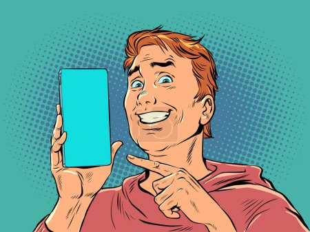 A man with red hair smiles and points to the phone. Product demonstration or offer on smartphone. The joy of a perfect purchase. Pop Art Retro Vector Illustration Kitsch Vintage 50s 60s Style