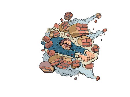 Téléchargez les illustrations : A man in a suit and glasses destroys a brick wall. Overcoming barriers, stereotypes and obstacles on your way. New opportunities that have just opened up. Pop Art Retro. Vector Illustration Kitsch - en licence libre de droit