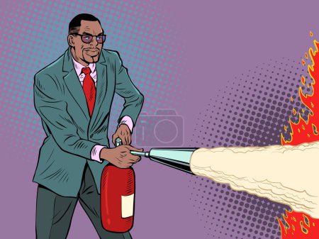 Illustration for A businessman with a fire extinguisher is preparing to put out a fire. Extreme dangerous incident. Fighting fire. Pop art retro vector illustration 50s 60s style kitsch vintage - Royalty Free Image