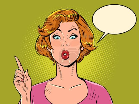 Illustration for Pop art surprised woman showing direction with index finger. Attention gossip news. Pop art retro vector illustration 50s 60s style kitsch vintage - Royalty Free Image