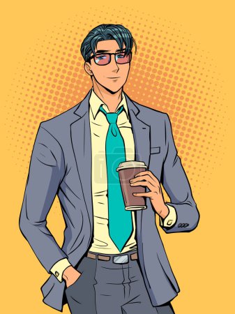 Ilustración de A man in glasses and a suit stands and holds a cup of coffee with his hand. Successful and happy employee of the company. Pop Art Retro Vector Illustration Kitsch Vintage 50s 60s Style - Imagen libre de derechos