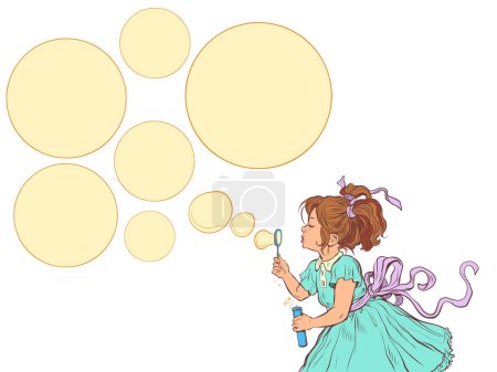 Illustration for A little girl in a blue dress makes soap bubbles. There were several offers, services, promotions. Business for children. Pop Art Retro Vector Illustration Kitsch Vintage 50s 60s Style On a white - Royalty Free Image