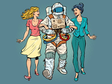 Date. A astronaut with two girls. Unconventional marriage. Friends are walking. Pop Art Retro Vector Illustration 50s 60s Style Kitsch Vintage Drawing