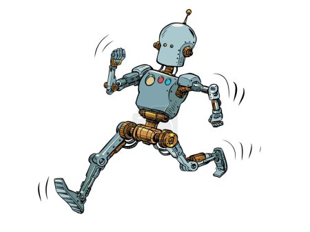 Illustration for The robot runs along the red carpet. Leader Hero Pop art retro vector illustration 50s 60s style kitsch vintage - Royalty Free Image