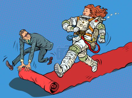 Illustration for Woman astronaut hero on the red carpet carpet of the movie premiere. The winner goes ahead. Pop art retro vector illustration 50s 60s style kitsch vintage - Royalty Free Image
