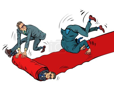 Illustration for A businessman is rolling down the red carpet carpet of a movie premiere. embarrassment funny fall. Pop art retro vector illustration 50s 60s style kitsch vintage - Royalty Free Image