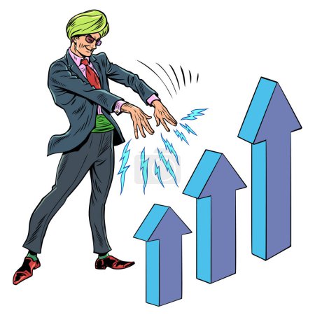 Financial fakir magician magician swindlers and sorcerers. Manipulations with stocks and investments. A man in a turban and a suit affects the growth of the graph. Pop Art Retro Vector Illustration