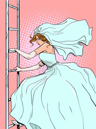 Die Braut geht die Treppe hinauf oder hinunter. Raus aus den Vorurteilen. Der Wunsch, in der Selbstentwicklung voranzukommen. Pop Art Retro Vector Illustration Kitsch Vintage 50er 60er Jahre Stil