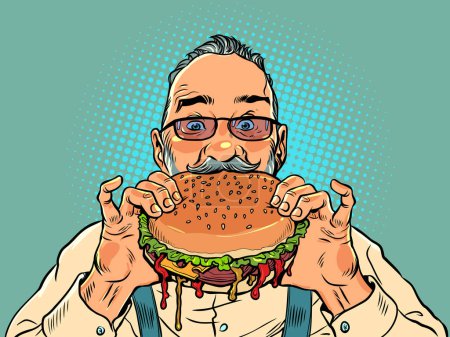 Ilustración de Deliciosa comida rápida de calidad. Entrega de comida caliente y apetitosa. Un hombre adulto con barba y gafas toma un bocado de una jugosa hamburguesa. Pop Art Retro Vector Illustration Kitsch Vintage 50s 60s Style - Imagen libre de derechos