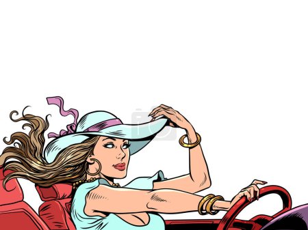 Ilustración de La moda y las chicas siempre están juntas. Una mujer rica viaja por el mundo en su coche. Muchacha atractiva en vestido y sombrero de conducción cabriolet. Pop Art Retro Vector Illustration Kitsch Vintage 50s 60s Style - Imagen libre de derechos