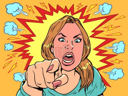 Illustration for Express your anger at other people. In comic book style, the girl is in a state of anger. The woman screams in rage and points with her index finger. Pop Art Retro Vector Illustration Kitsch Vintage - Royalty Free Image