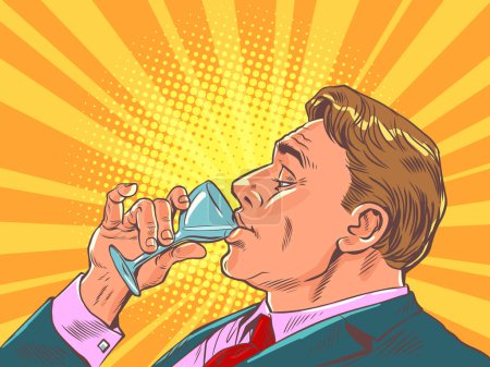 Illustration for Office worker is resting at a party. Tasting of any drinks at the bar. A man in a suit drinks from a glass. Pop Art Retro Vector Illustration Kitsch Vintage 50s 60s Style - Royalty Free Image