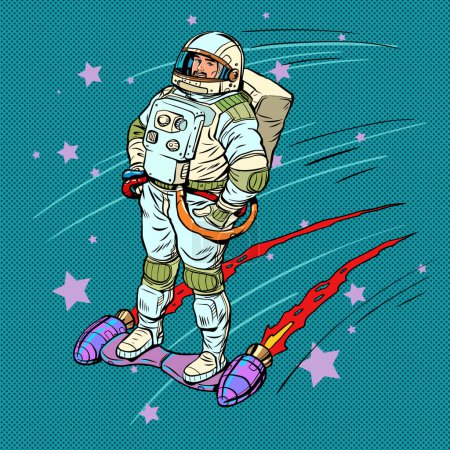 Illustration for Incredible movement speed. The technologies of the future are getting closer. The astronaut moves through space on a jet board. Pop Art Retro Vector Illustration Kitsch Vintage 50s 60s Style - Royalty Free Image