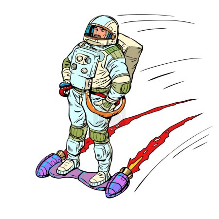 Illustration for Incredible movement speed. The technologies of the future are getting closer. The astronaut moves through space on a jet board. Pop Art Retro Vector Illustration Kitsch Vintage 50s 60s Style. On a - Royalty Free Image