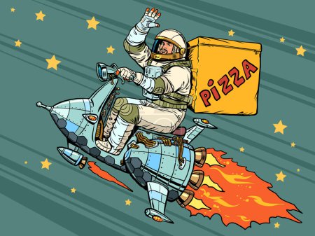 Ilustración de Entrega segura y de alta calidad en todos los puntos del mundo. El astronauta vuela en una nave espacial y entrega pizza. Pop Art Retro Vector Illustration Kitsch Vintage 50s 60s Style - Imagen libre de derechos