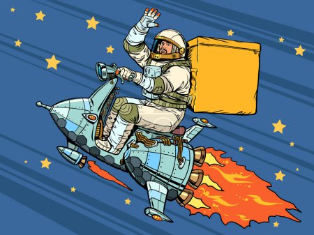 Illustration for High-quality and safe delivery to all points of the world. The astronaut flies on a spaceship and carries a delivery. Pop Art Retro Vector Illustration Kitsch Vintage 50s 60s Style - Royalty Free Image