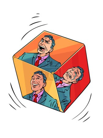 Illustration for Human emotions depend on the case. Throw a life for us. A cube with faces in the form of different emotions of a man in a suit. Pop Art Retro Vector Illustration Kitsch Vintage 50s 60s Style. On a - Royalty Free Image