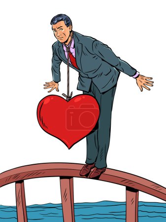 Illustration for The shackles of romantic relationships. Reaching down due to marital problems. A man in a suit stands on a bridge and is pulled down by a heart on a noose. Pop Art Retro Vector Illustration Kitsch - Royalty Free Image