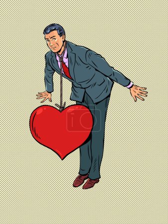 Illustration for The shackles of romantic relationships. Reaching down because of love problems. The man in the suit holds on as the heart on the noose pulls him down. Pop Art Retro Vector Illustration Kitsch Vintage - Royalty Free Image