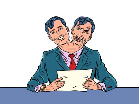 Illustration for Duplicity of the media towards themselves and their viewers. The mask that the hosts of the show have to wear. A man in a suit with two heads, one happy and the other angry. Pop Art Retro Vector - Royalty Free Image