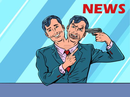 Illustration for Duplicity of the media towards themselves and their viewers. The mask that the hosts of the show have to wear. A man in a suit with two heads, one joyful the other is angry and wants to kill himself - Royalty Free Image