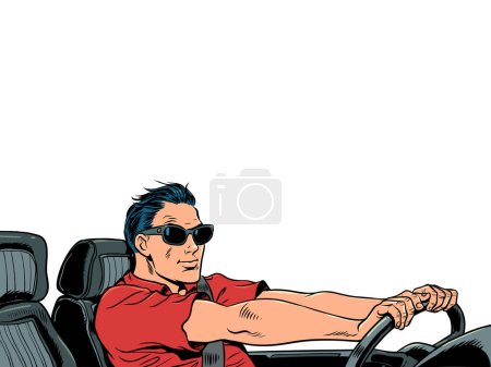 Ilustración de Atmósfera de un hombre exitoso. Un conductor experimentado viaja en coche por todo el mundo. Un hombre con gafas de sol conduce un convertible a toda velocidad. Pop Art Retro Vector Illustration Kitsch Vintage 50s 60s - Imagen libre de derechos