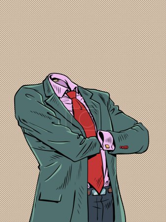Ilustración de Tienda de trajes de hombre para caballeros de verdad y trabajadores de oficina. Una sastrería que puede reparar la ropa. Un traje de hombre con corbata roja está de pie. Pop Art Retro Vector Illustration Kitsch Vintage 50s 60s Style - Imagen libre de derechos