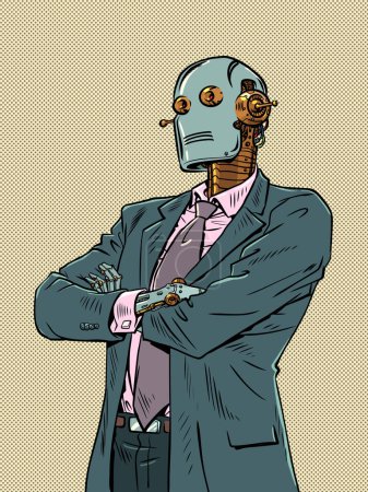 Photo for Artificial intelligence is starting to take over the jobs of office workers. Collaboration between technology and man. A vintage robot in a business suit is standing. Pop Art Retro Vector Illustration - Royalty Free Image