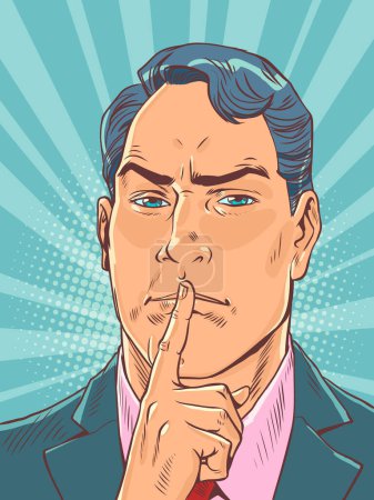 Photo for Secrets that cannot be told. The ethics of working for a large corporation. A man in a suit puts his palm to his mouth. Pop Art Retro Vector Illustration Kitsch Vintage 50s 60s Style - Royalty Free Image