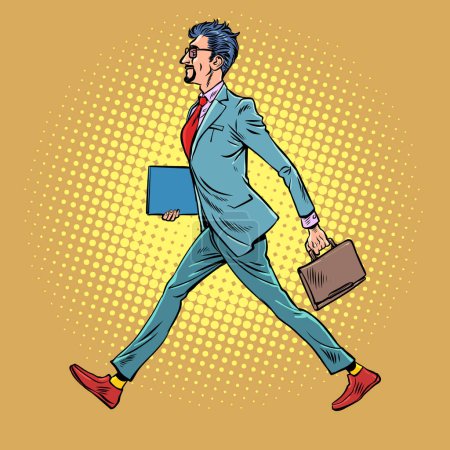 Ilustración de La rutina de trabajo matutino de un oficinista. El hombre de negocios va a trabajar. Un hombre de traje camina con un maletín y documentos. Pop Art Retro Vector Illustration Kitsch Vintage 50s 60s Style - Imagen libre de derechos