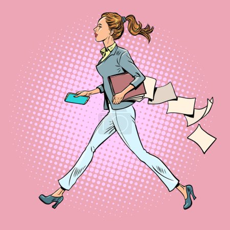 Photo for Morning work routine of an office worker. A girl in a suit is in a hurry to go to work or a meeting, and she has papers from documents lying around. Pop Art Retro Vector Illustration Kitsch Vintage - Royalty Free Image
