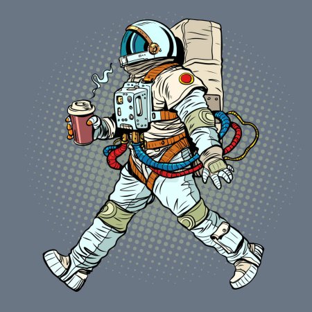 Photo for Delivery of a hot drink to any place. Love for coffee all over the world. Astronaut with a cup of coffee. Pop Art Retro Vector Illustration Kitsch Vintage 50s 60s Style - Royalty Free Image