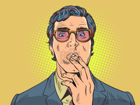 Illustration for Anxiety and anxiety about the decision. An attractive guy is thoughtful and holds his hand. A man in a suit and glasses is surprised, puzzled. Pop Art Retro Vector Illustration Kitsch Vintage 50s 60s - Royalty Free Image