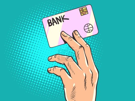 Illustration for The human hand holds a bank card. Credit and debit plastic card. Electronic money. Payment for goods and services online. Purchasing an application using a transfer. Pop Art Retro Vector Illustration - Royalty Free Image