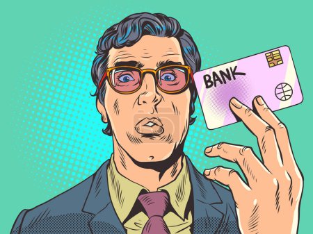 Payment for goods or services through the terminal. Bank offer. A man in a suit and glasses holds a bank card with his hand. Pop Art Retro Vector Illustration Kitsch Vintage 50s 60s Style