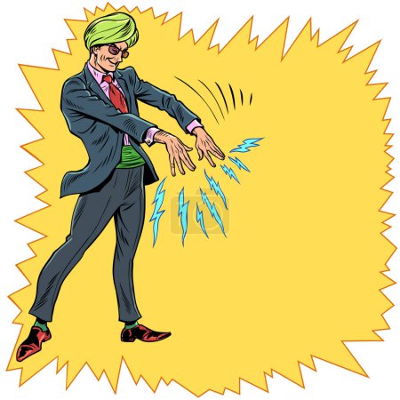 Photo for Fakir magician magician. The magical action of competent management. A man in a turban and suit releases lightning bolts. Pop Art Retro Vector Illustration Kitsch Vintage 50s 60s Style. On a white - Royalty Free Image